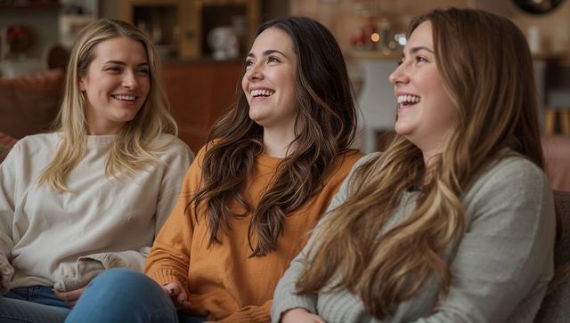 Three friends laughing on cozy living room sofa sharing conversation and warm moments
