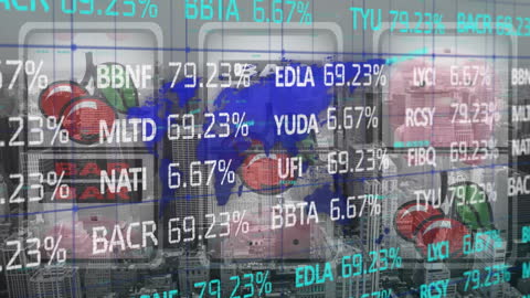 Illuminated Stock Prices Projected Over Global World Map and Cityscape