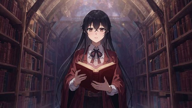 Scholar Holding Book in Vintage Library with Wooden Shelves