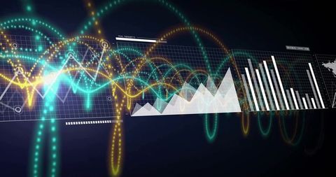 Neon Data Visualization Dashboard Animating Line Area Bar Charts with Pulsing Waves