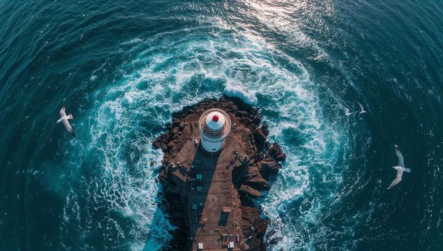 Aerial lighthouse on rocky outcrop with swirling ocean, crashing waves and circling seagulls
