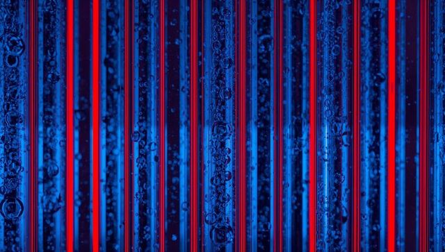 Neon Blue Liquid Bubbles in Vertical Glass Tubes with Red Stripes Abstract Geometry