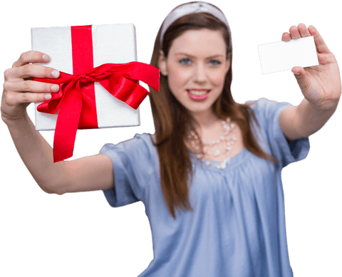 Joyful Woman Presenting Gift Box with Red Ribbon and Blank Card