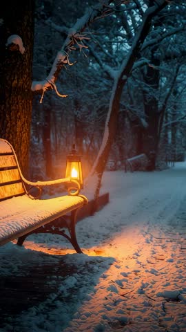 Snow-Covered Bench and Lantern Lighting Quiet Winter Park Path at Dusk Vertical Video