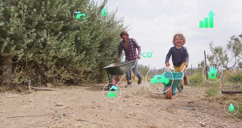 Father and son bonding over sustainable farming outdoors