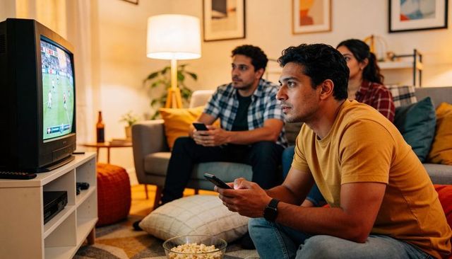 Friends watching soccer on retro tv during cozy living room game night