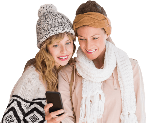 Two Friends in Winter Wear Capturing Fun Moment with Smartphone on Transparent