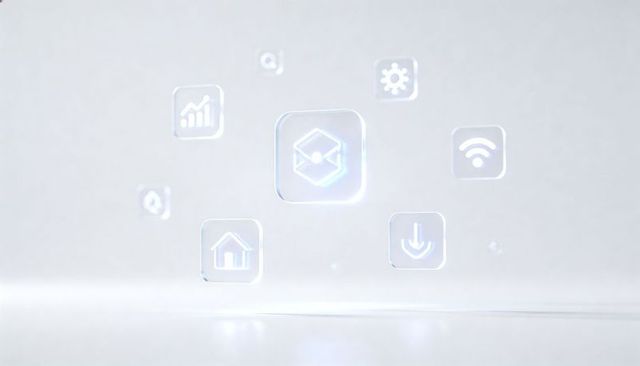 Floating translucent app icons hovering around holographic cube for smart home network