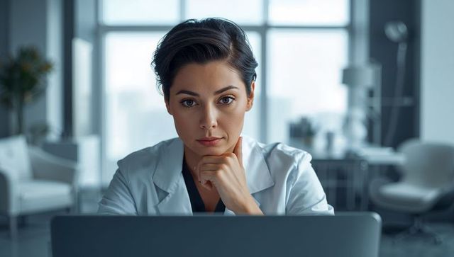 Female doctor working on laptop in modern clinic, thoughtful medical professional