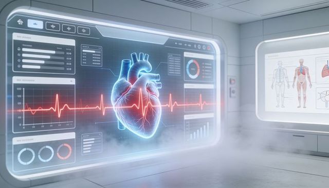 Holographic 3d heart pulsing with red ecg overlay in futuristic clinical diagnostics