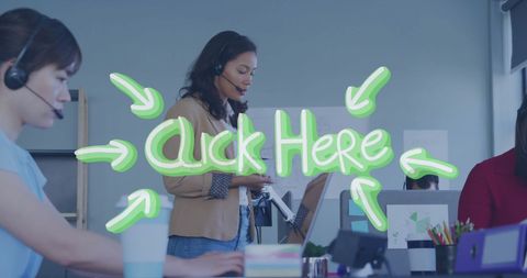 Colleagues Communicating Using Phone Headsets in Modern Office