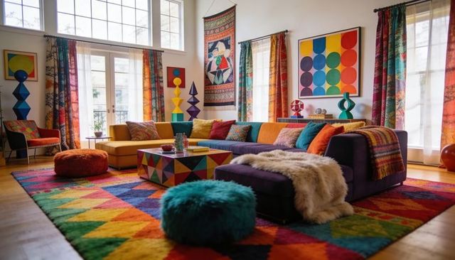 Showcasing vibrant eclectic living room with colorful sectional sofa and geometric rug