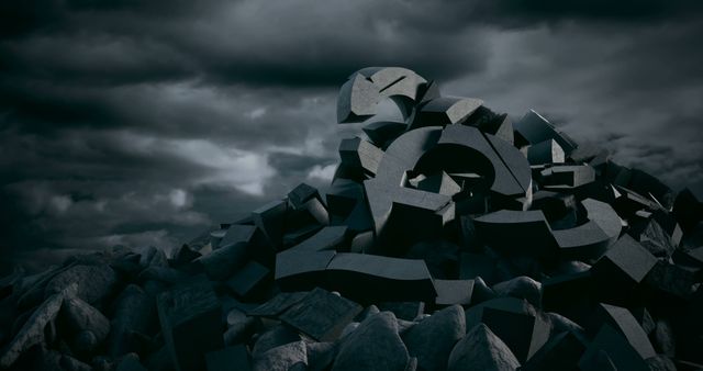 A pile of three-dimensional letters and numbers appears jumbled against a dramatic cloudy sky, with copy space. The image symbolizes chaos in information, communication breakdown, or the complexity of data management.