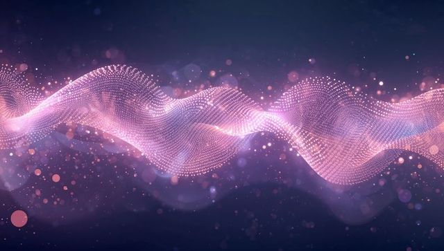 Digital Pink-Violet Particle Wave Flowing Across Dark Space with Glowing Bokeh Lights