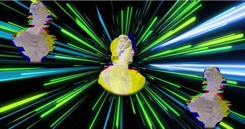 Ancient Sculptures Amidst Neon Light Trails Representing Futuristic Concepts - Download Free Stock Images Pikwizard.com