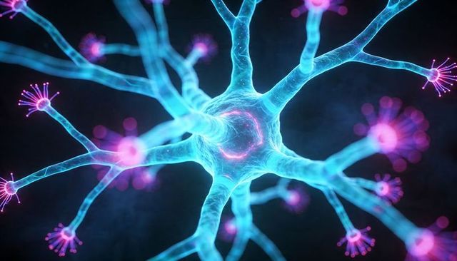 Neon Glowing Neuron with Cyan Soma and Pink Synaptic Boutons, Futuristic Neural Signal 3D Render