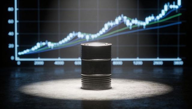 Oil barrel spotlight highlighting rising commodity price surge and market volatility