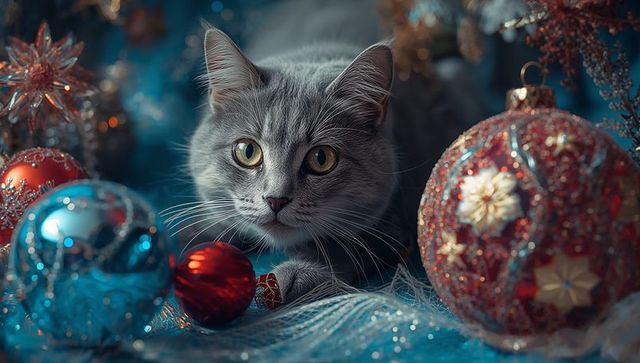 Playful Grey Cat Among Festive Holiday Ornaments
