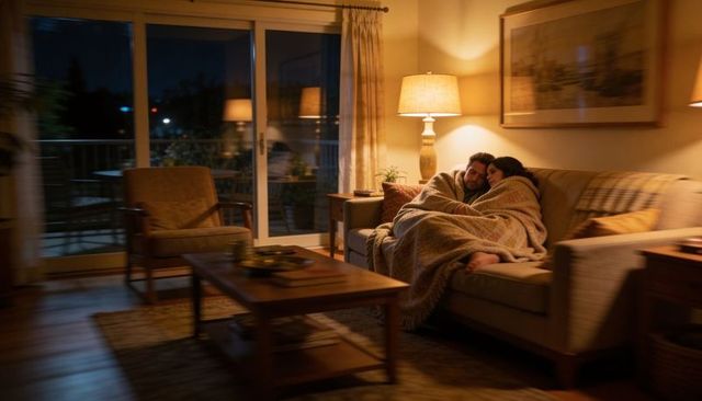 Couple cuddling on sofa wrapped in blanket in warm living room at night