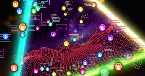 Futuristic digital interface with social media icons and abstract landscape