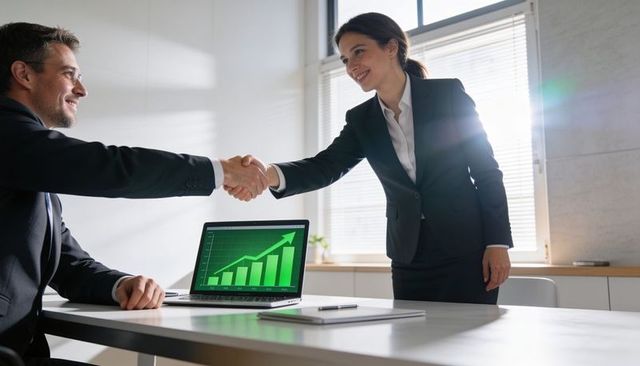 Business handshake sealing deal over laptop showing green growth chart