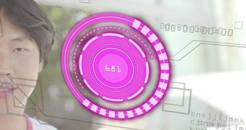 Asian man interacting with magenta HUD interface overlay futuristic digital portrait