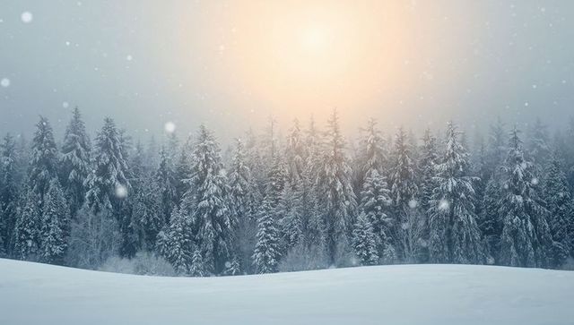 Snowy evergreen forest at pale sunrise with falling snowflakes and foggy winter field