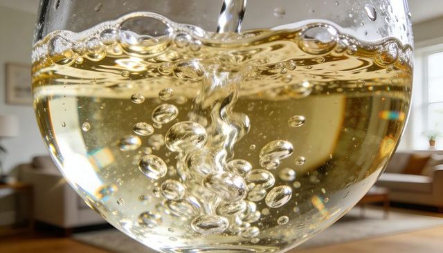 Pouring sparkling white wine into glass with rising bubbles and cozy living room bokeh