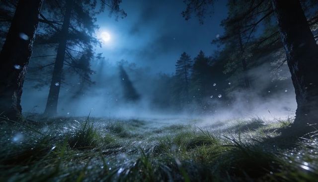 Moonlit Mist Over Dewy Meadow in Pine Forest Clearing at Night with Sparkling Dew