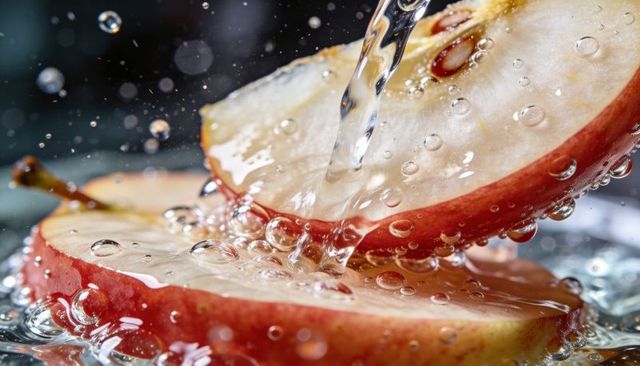 Pouring water creating bubbles on red apple halves, macro splash and droplets