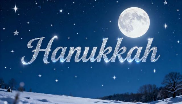 Glittering hanukkah script over moonlit snow field with full moon and sparkling stars