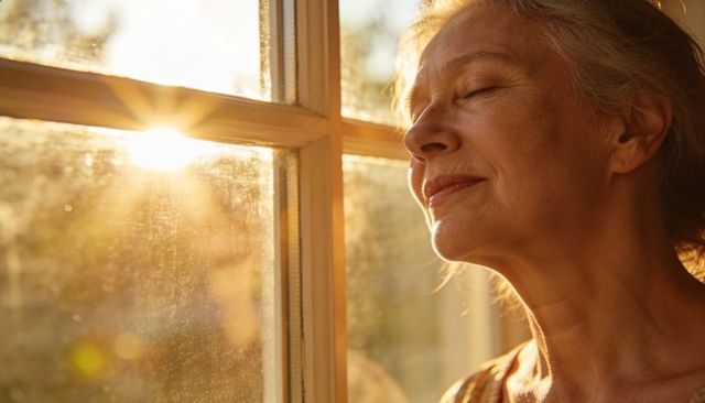 Senior woman basking in warm golden sunlight through window, serene contemplative portrait