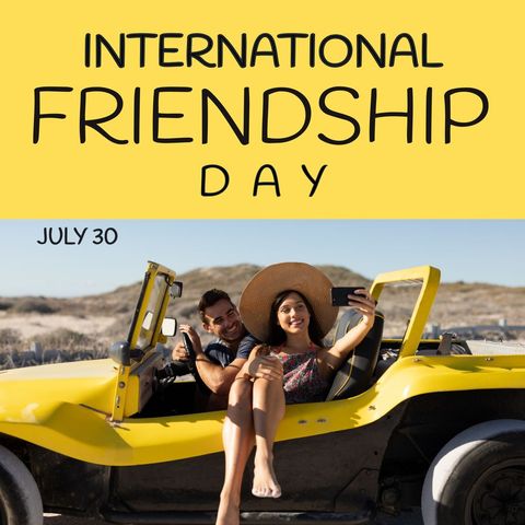 Celebrating friendship with selfie on beach drive