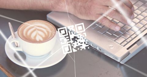 QR Code and Overlay Effects with Laptop and Coffee - Download Free Stock Images Pikwizard.com