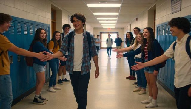 High-fiving teen walking down lively school hallway wearing plaid shirt and backpack