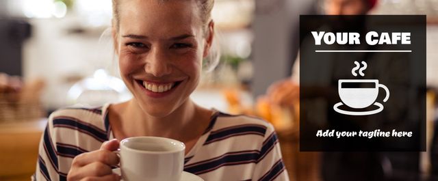 Smiling Woman Enjoying Coffee Promoting Cozy Cafe Atmosphere - Download Free Stock Templates Pikwizard.com