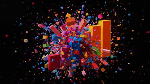 Vibrant Geometric Explosion with Multicolored Cubes and Prisms