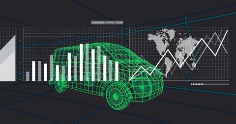 Wireframe Van with Data Analytics and World Map Interface