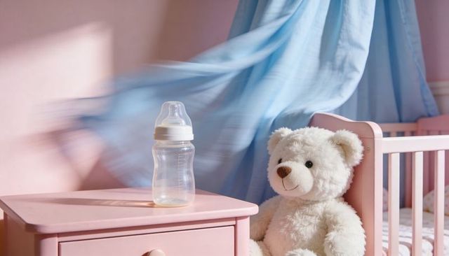 Soft white teddy bear leaning on pink crib with clear baby bottle and blue canopy