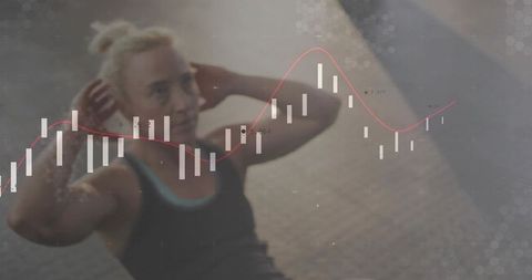 Female athlete performing crunches with candlestick chart overlay and red trend line