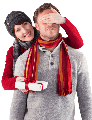 Woman Giving Surprise Gift to Partner, Both Smiling, Cozy Attire, Transparent