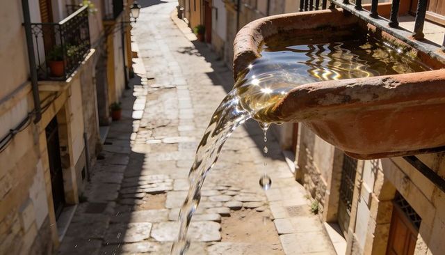 Terracotta basin pouring sunlit water over historic cobblestone alleyway, shimmering droplets