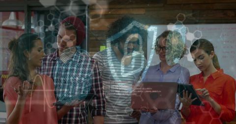 Diverse Team Collaborating with Virtual Cybersecurity Overlay