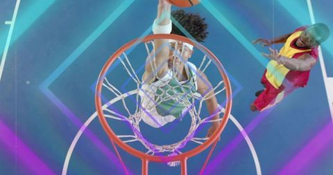 Basketball Athlete Dunking Ball on Neon-Lit Court