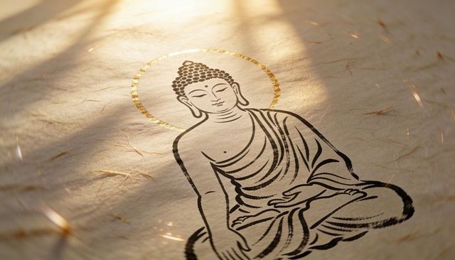 Buddha ink linework on handmade textured paper with gold halo glowing in warm light