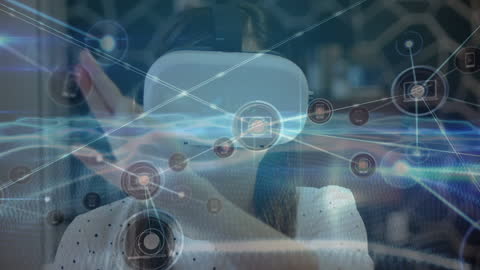 Woman Engaging with Virtual Network in VR Environment