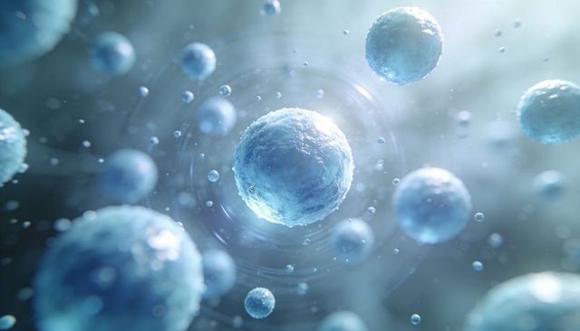 Glowing blue cell spheres floating in microscopic fluid, medical research concept