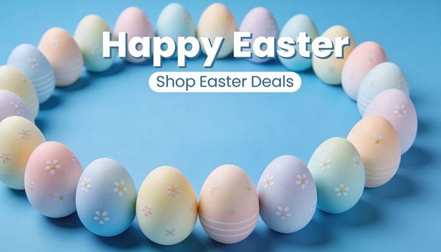 Pastel easter egg wreath forming circle with happy easter text and shop easter deals cta