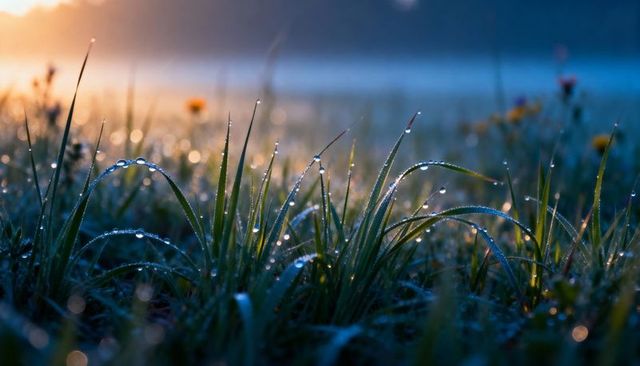 Dawn meadow glistening with dew, close-up grass blades catching sunlight, soft bokeh mist