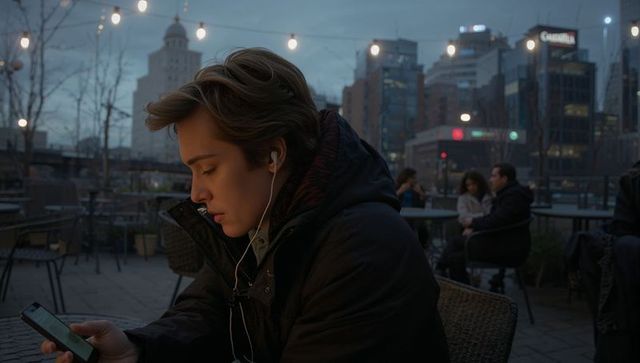 Young man scrolling phone with wired earphones on rooftop cafe terrace at dusk